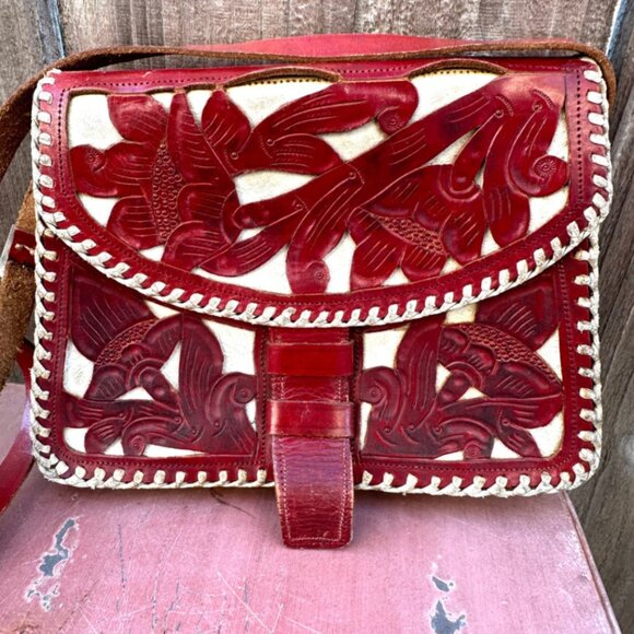 Vintage Mexican Red & White Leather Shoulder Bag Purse - Picture 9 of 14